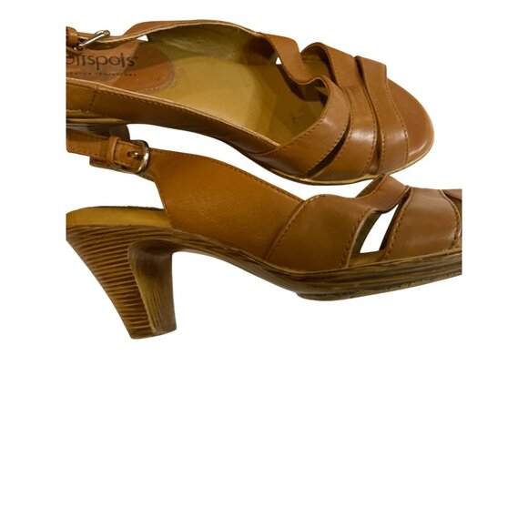 Sandals Heels Leather Slingback 3” Wedge Block Style Women’s Size 7.5W Brown - Picture 2 of 9